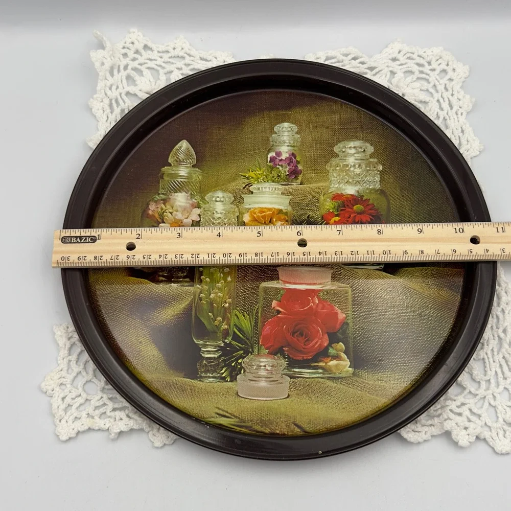 Vintage Round Metal Serving Tray Botanical Apothecary Flower Jars Still Life 11